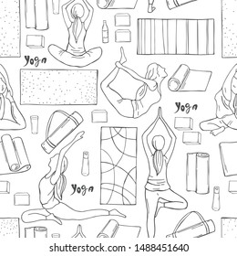 Yoga. Hand drawn girls on white background. Vector  seamless pattern 