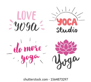 Yoga Hand Drawn labels Set. Calligraphic Letterings with sketch doodle elements. Vector illustration.