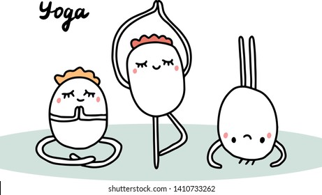 Yoga hand drawn vector illustration in cartoon style. Hobby and cartoon man. Asanas