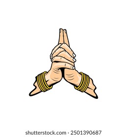 yoga hand gesture wearing a bracelet crossing fingers and index finger pointing up vector illustration