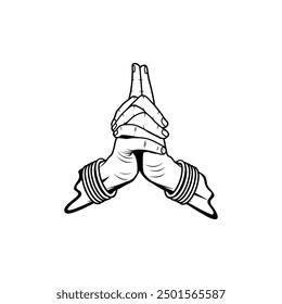 yoga hand gesture wearing a bracelet crossing fingers and index finger pointing up black and white vector line art