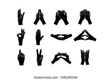 Yoga hand mudras.
Vector hand-drawn set of different gestures of human hands isolated on white background.