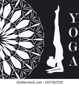 Yoga - handstand - woman  - abstract black and white background - vector.