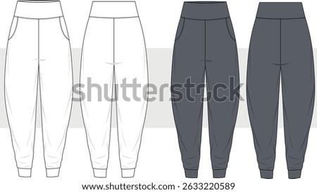 Yoga harem balloon pants, high elastic waist fashion technical drawing, illustration, vector. Front and back view, CAD, Mockup.