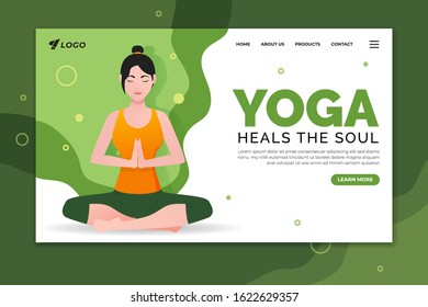 Yoga heals the soul landing page template. Woman doing sukhasana or lotus pose. Web page design for website and mobile website