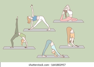 Yoga, health, asanas set concept. Young flexible women do yoga, standing in asana. Focused girls care about their health, using various postures or asanas to reach harmony. Simple flat vector