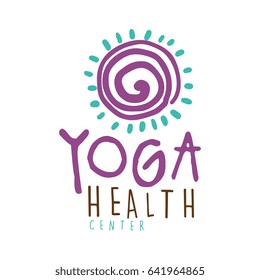 Yoga health center logo, colorful hand drawn vector illustration