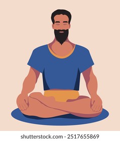 Yoga for the health of soul and body. Bearded man doing yoga, sitting in lotus position, meditating. Yoga day. Vector illustration for yoga school, spa and fitness center advertising, banner, advertis