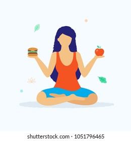 Yoga and healthy lifestyle concept vector illustration in flat design. Woman in lotus position sitting and holding fresh apple and hamburger comparing the benefits isolated on light background.