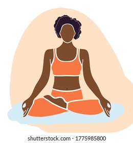 Yoga, healthy lifestyle. Young dark-skinned girl woman sitting in lotus position. Can be used as a print, design element, for advertising.