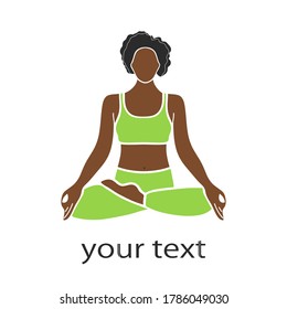 Yoga, healthy lifestyle. Young dark-skinned girl woman sitting in lotus position. Can be used as a print, design element, for advertising.