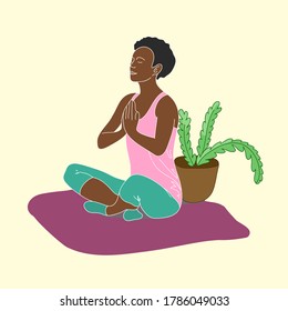 Yoga, healthy lifestyle. Young dark-skinned girl woman sitting in lotus position. Can be used as a print, design element, for advertising.