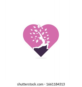 Yoga heart shape concept logo design stock. human meditation in lotus flower vector illustration.Yoga logo design template. Cosmetics icon and Spa logo. Yoga Pose Vector	