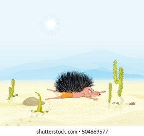 Yoga for Hedgehog. Vector illustration. Hedgehog is engaged in yoga in the desert. Hedgehog doing yoga. Cartoon drawing style.