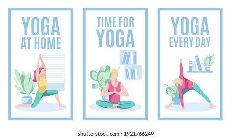 Yoga at home banners set. Yoga every day concept. Womam practicing yoga at home. Healthy lifestyle, morning fitness activities, workout. Stay at home concept flat vector illustration