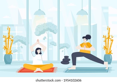 Yoga en casa en diseño plano. Pareja haciendo ejercicio en la escena juntos. Mujeres sentadas en posición de loto y haciendo asana por el equilibrio. Ilustración vectorial de caracteres de personas para la página de inicio