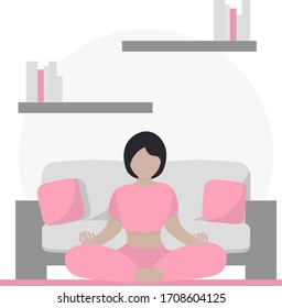 Yoga at home concept. Woman sitting in lotus position and meditating near sofa and work desk. Cute pink illustration in flat style.