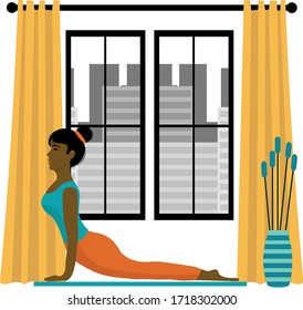 Yoga home concept. Yong african american woman doing yoga asana at home. Modern interior - window with big city ​​view, curtains and 
decorative vase. Cute  illustration in flat style.
