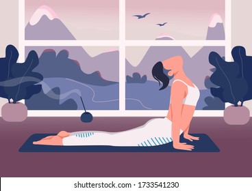 Yoga at home flat color vector illustration. Flexible woman in cobra pose 2D cartoon character with window on background. Healthy lifestyle, relaxation. Sportswoman doing stretching exercise