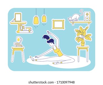 Yoga at home flat silhouette vector illustration. Woman stretching on floor. Person training, exercise indoors. Female outline character on turquoise background. Workout simple style drawing