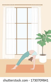 Yoga at Home Illustration/ Living room/Balcony/Plants/Woman/Healthy at Home