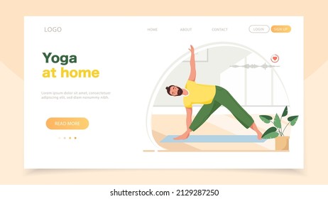 Yoga at home. Man doing yoga exercises in cozy modern interior. Male character practicing meditation and stretching on the mat in yoga studio or home landing page template. Flat vector illustration.