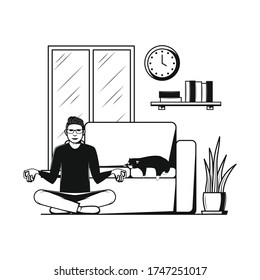 Yoga from home. A man sits in a lotus position in a meditative state.