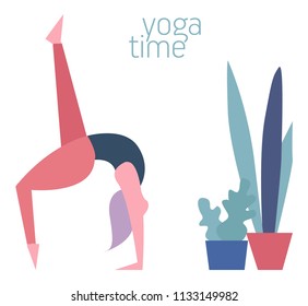 Yoga at home. Modern vector illustration isolated on white background with a cat and flowers.