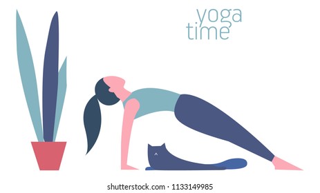 Yoga at home. Modern vector illustration isolated on white background with a cat and flowers.