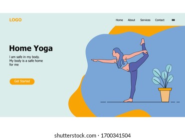 Yoga at home online. Vector template for yoga lesson website homepage with girl doing yoga