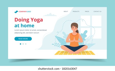 Yoga at home page template. Woman doing yoga with leaves background