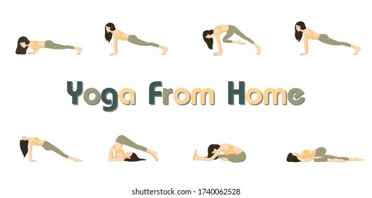 Yoga From Home yoga pose. Vector isolation on White background Cartoon vector yoga pose healthy and beauty.