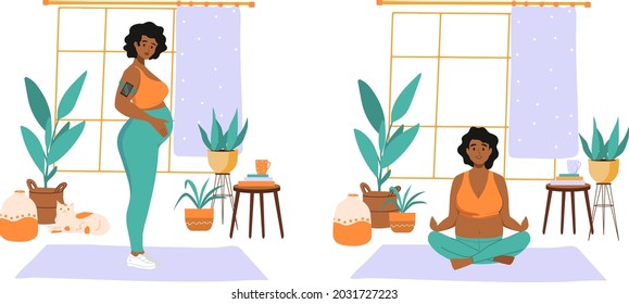 Yoga at home for pregnant woman doing stretching physical exercises set. Women with belly practicing prenatal yoga asana class. Pose collection, stretching in different poses, working out. 