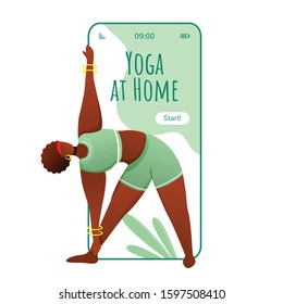 Yoga at home smartphone interface vector template. Triangle pose. Mobile app page green design layout. African American, dark-skinned woman doing yoga on screen. Flat UI for application. Phone display