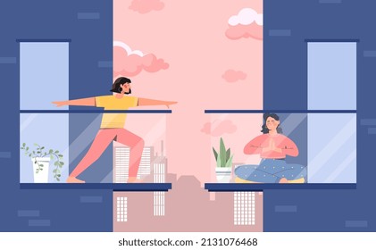 Yoga at home. Two girls on balconies take poses, joint training in fresh air. Sports and health care, meditation and stretching, mental health and inner peace. Cartoon flat vector illustration