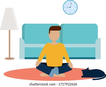 yoga from home, vector illustration isolated on white background. A man sits in a lotus position in a meditative state. Flat style. Man, cat, sofa.
