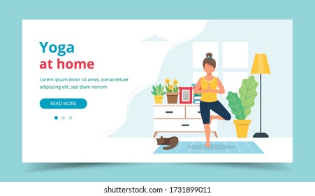 Yoga At Home. Woman Doing Yoga In Cozy Modern Interior. Landing Page Design Template. Vector Illustration In Flat Style