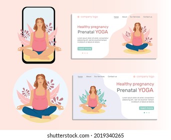 Yoga at home. Woman doing yoga in cozy modern interior. Mobile app design template and landing page. Vector illustration in flat style.