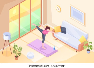 Yoga at home, woman doing exercise pose in room on yoga mat, vector isometric illustration. Yoga sport and stretch workout or morning exercises in room, girl home fitness and health activity