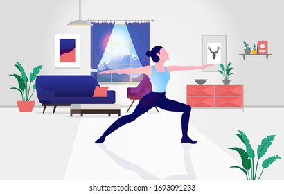 Yoga at home- Woman doing the warrior pose in her living room. Interior in background, sunlight in window. Work out from home, alone, and isolation concept. Vector illustration.