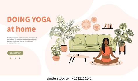 Yoga at home. Woman practicing yoga and enjoying meditation in her room or apartment. Flat vector illustration.
