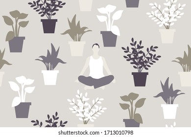 Yoga houseplants abstract seamless pattern. Repetitive vector illustration of meditating person and houseplants. EPS 10. 