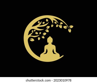 Yoga And Human Meditation With Gold Color Logo Design Vector illustration.