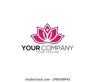 yoga and human meditation in lotus flower logo design vector illustration.