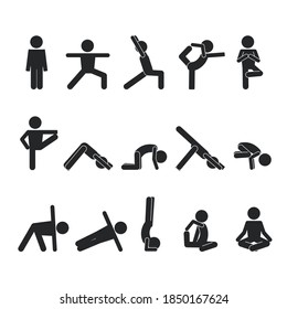 Yoga human stick set. Abstract oriental postures exercises for healthy body development complex muscle stretching and warm up exercises lotus tree position healthy activities well. Flexible vector.