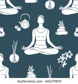 Yoga icon hand drawn seamless pattern. Doodle background vector. Colorful background with sketch objects. Yoga illustration: harmony and health