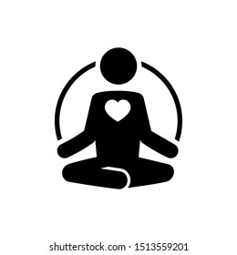 Yoga icon with heart in flat style. Meditate and love concept. Yoga symbol isolated on white background Simple abstract yoga and love icon in black Vector illustration for graphic design, Web, UI, app