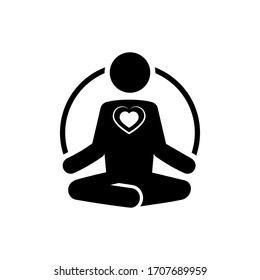 Yoga icon with heart in flat style. Meditate and love concept. Yoga symbol isolated on white background Simple abstract yoga and love icon in black Vector illustration for graphic design, Web, UI, app