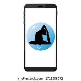 Yoga icon on the phone. Black silhouette in a blue circle. Digital training concept.  stock vector illustration.