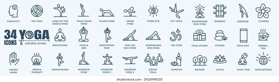 Yoga icon and yoga pose set - graphic design elements in outline style for spa center or yoga studio. Set of line logos and symbols. Vector illustration.